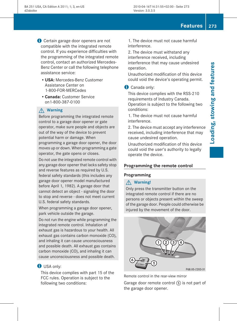 Loading, stowing and features, Features | Mercedes-Benz G-Class 2011 Owners Manual User Manual | Page 275 / 364