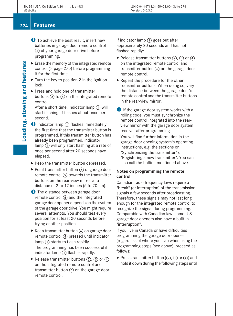 Loading, stowing and features, Features | Mercedes-Benz G-Class 2011 Owners Manual User Manual | Page 276 / 364