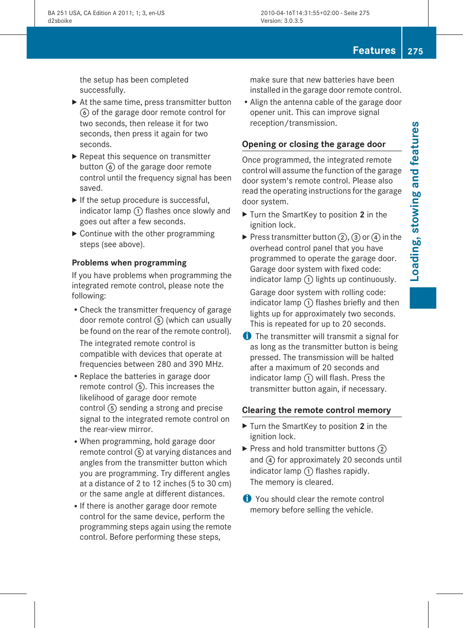 Loading, stowing and features, Features | Mercedes-Benz G-Class 2011 Owners Manual User Manual | Page 277 / 364