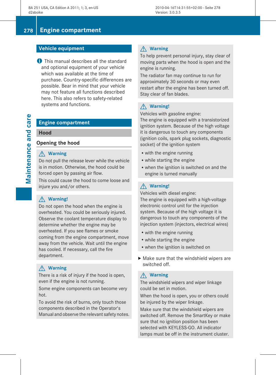 Maintenance and care, Vehicle equipment, Engine compartment | Hood | Mercedes-Benz G-Class 2011 Owners Manual User Manual | Page 280 / 364