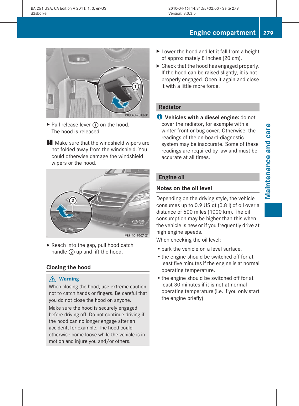 Radiator, Engine oil, Check the oil level | Maintenance and care, Engine compartment | Mercedes-Benz G-Class 2011 Owners Manual User Manual | Page 281 / 364