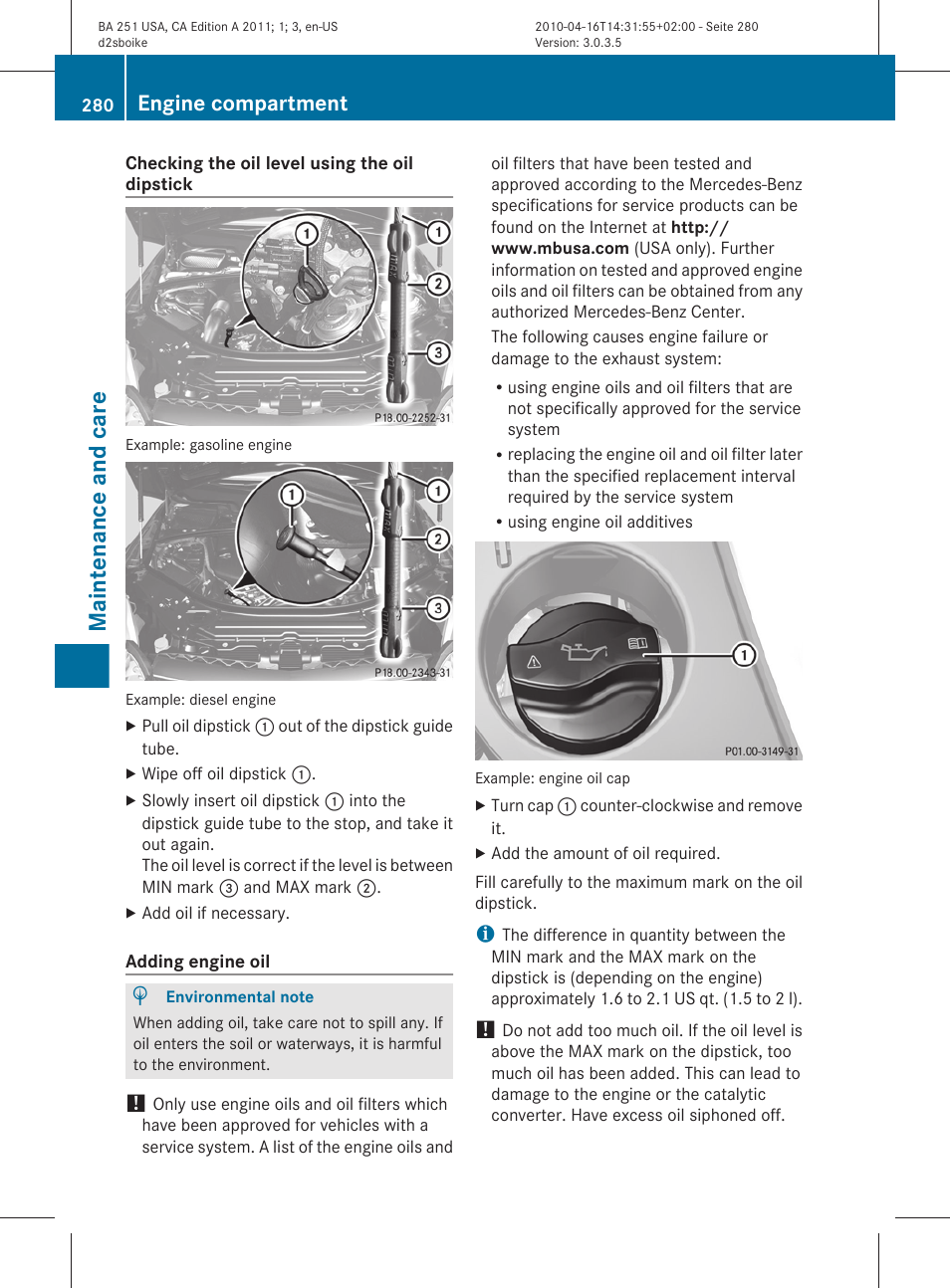 If necessary, add the engine oil, Maintenance and care, Engine compartment | Mercedes-Benz G-Class 2011 Owners Manual User Manual | Page 282 / 364