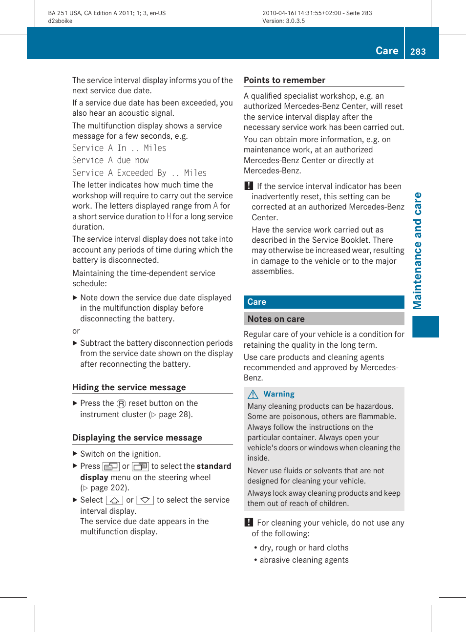 Care, Notes on care, Assyst plus service interval display | Maintenance and care | Mercedes-Benz G-Class 2011 Owners Manual User Manual | Page 285 / 364