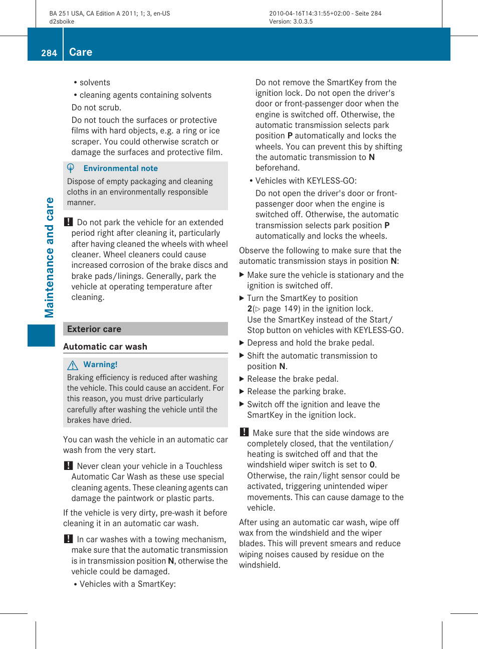 Exterior care, Maintenance and care, Care | Mercedes-Benz G-Class 2011 Owners Manual User Manual | Page 286 / 364