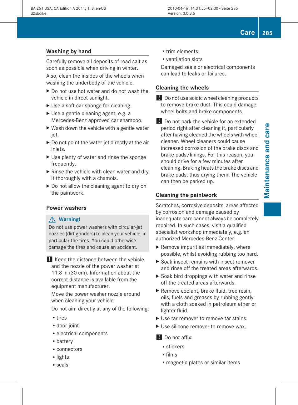 Maintenance and care, Care | Mercedes-Benz G-Class 2011 Owners Manual User Manual | Page 287 / 364