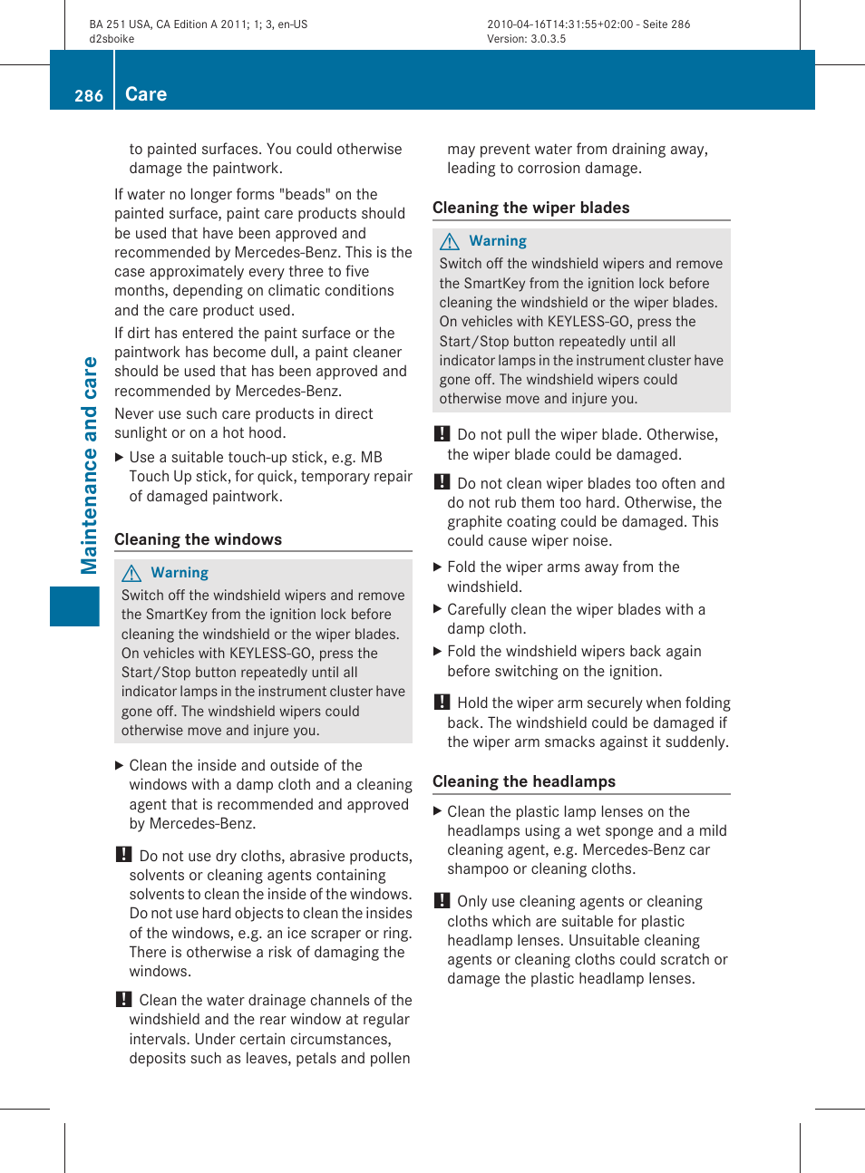 Maintenance and care, Care | Mercedes-Benz G-Class 2011 Owners Manual User Manual | Page 288 / 364