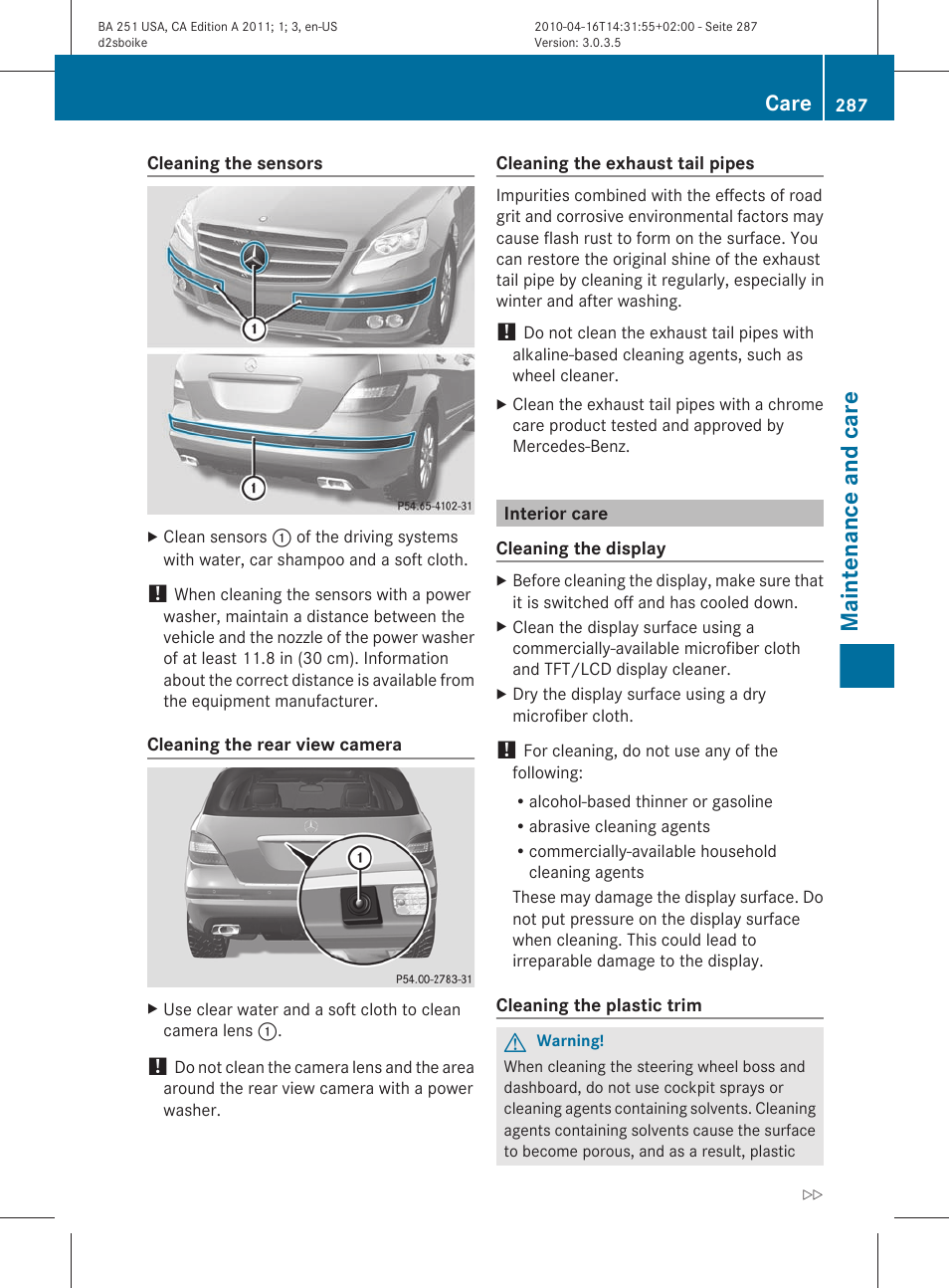 Interior care, Clean the sensors, Maintenance and care | Care | Mercedes-Benz G-Class 2011 Owners Manual User Manual | Page 289 / 364