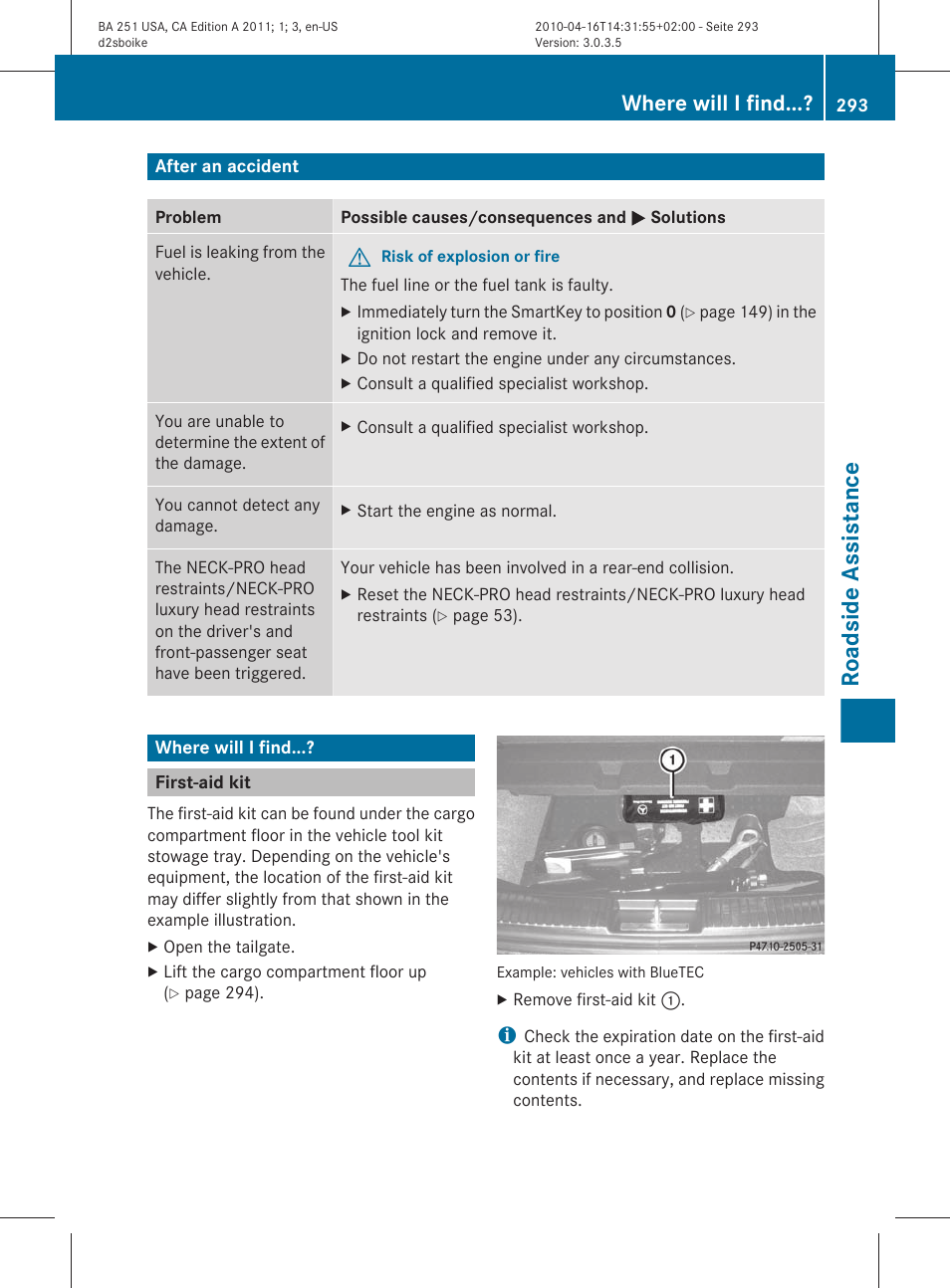 After an accident, Where will i find, First-aid kit | Roadside assistance | Mercedes-Benz G-Class 2011 Owners Manual User Manual | Page 295 / 364