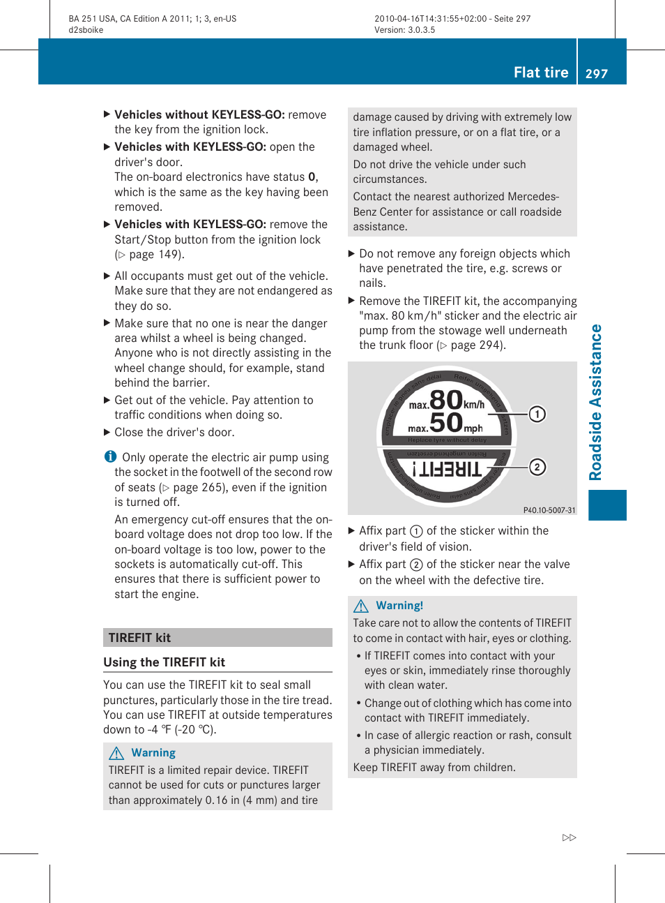 Tirefit kit, Roadside assistance, Flat tire | Mercedes-Benz G-Class 2011 Owners Manual User Manual | Page 299 / 364