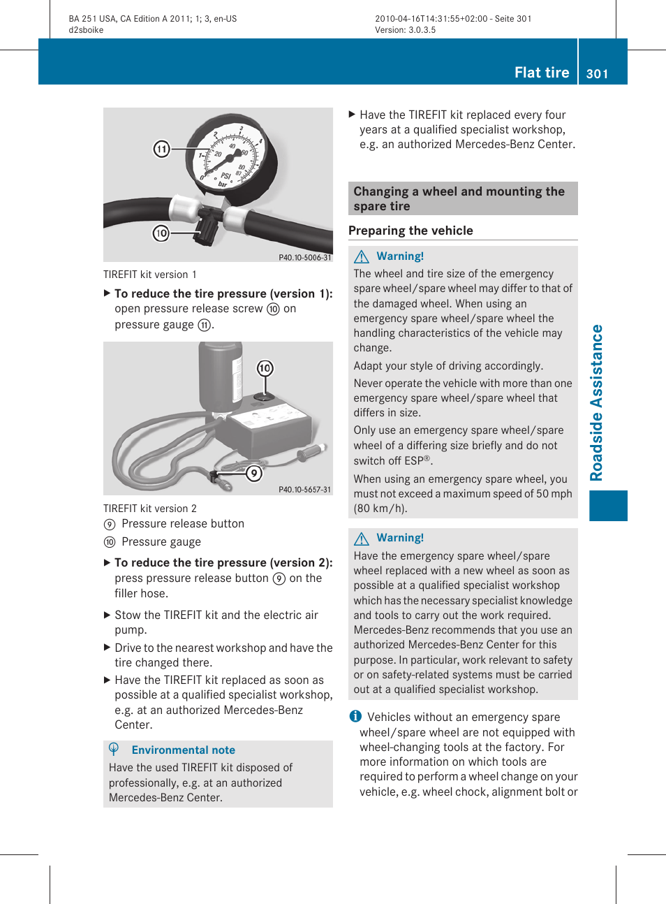 Changing a wheel and mounting the spare tire, Roadside assistance, Flat tire | Mercedes-Benz G-Class 2011 Owners Manual User Manual | Page 303 / 364