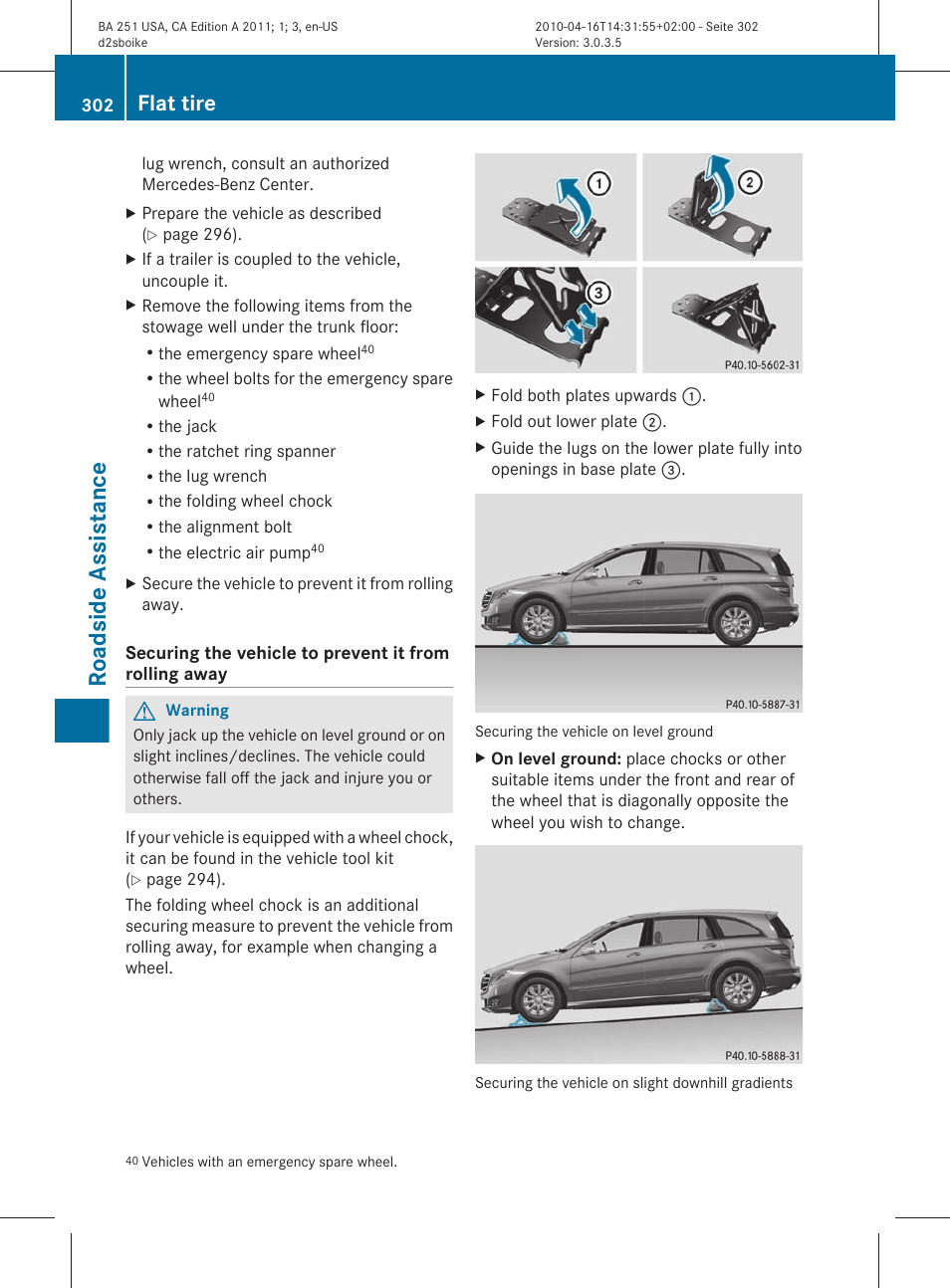 Roadside assistance, Flat tire | Mercedes-Benz G-Class 2011 Owners Manual User Manual | Page 304 / 364