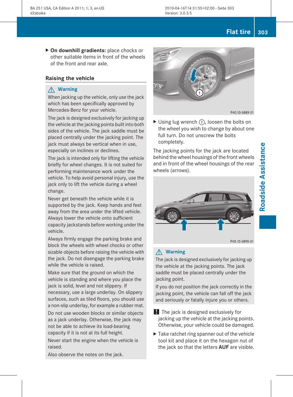 Roadside assistance, Flat tire | Mercedes-Benz G-Class 2011 Owners Manual User Manual | Page 305 / 364