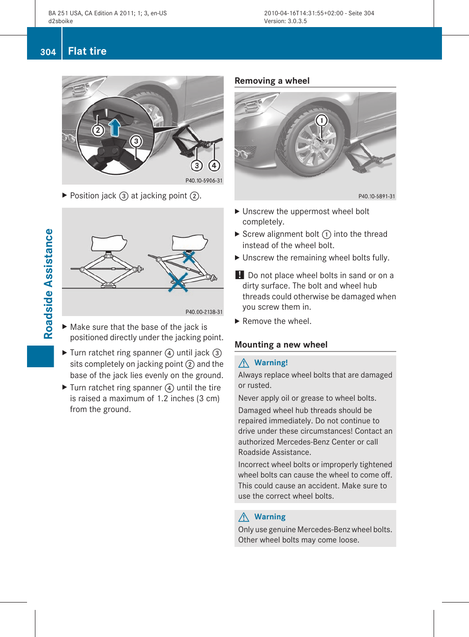 Roadside assistance, Flat tire | Mercedes-Benz G-Class 2011 Owners Manual User Manual | Page 306 / 364