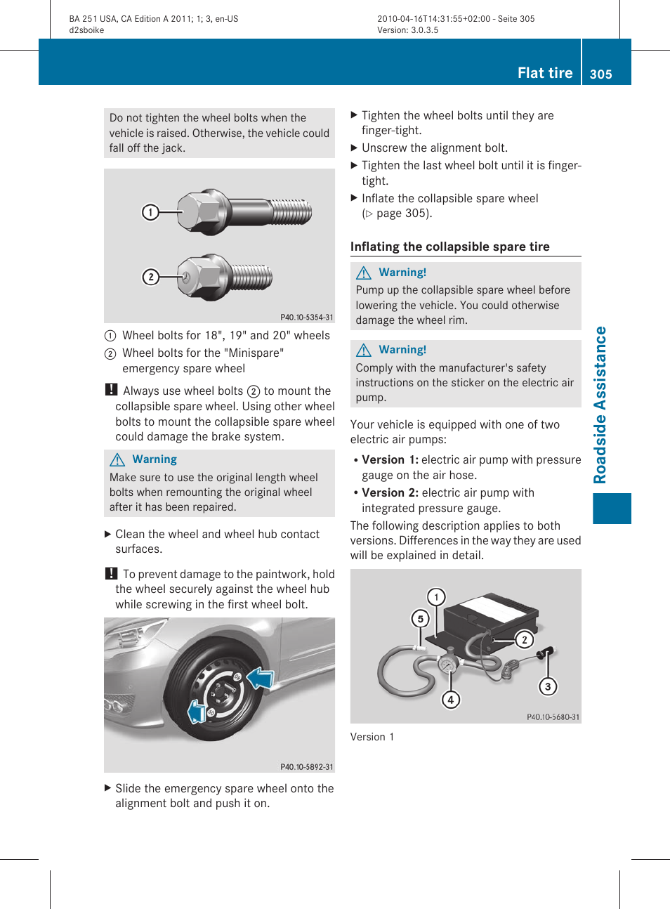 Roadside assistance, Flat tire | Mercedes-Benz G-Class 2011 Owners Manual User Manual | Page 307 / 364