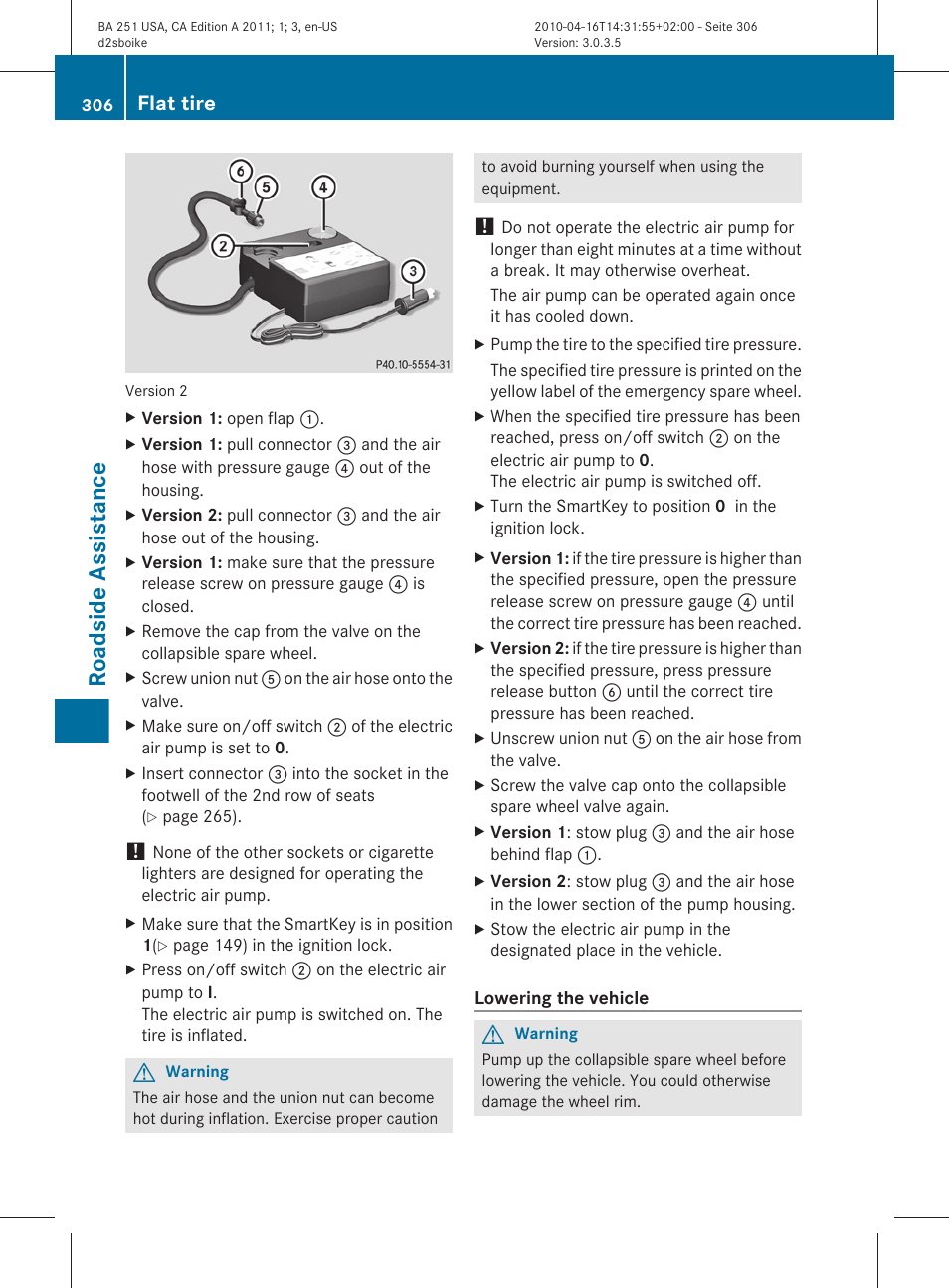 Roadside assistance, Flat tire | Mercedes-Benz G-Class 2011 Owners Manual User Manual | Page 308 / 364