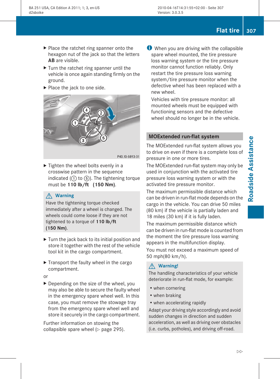 Moextended run-flat system, Run-flat system, Roadside assistance | Flat tire | Mercedes-Benz G-Class 2011 Owners Manual User Manual | Page 309 / 364