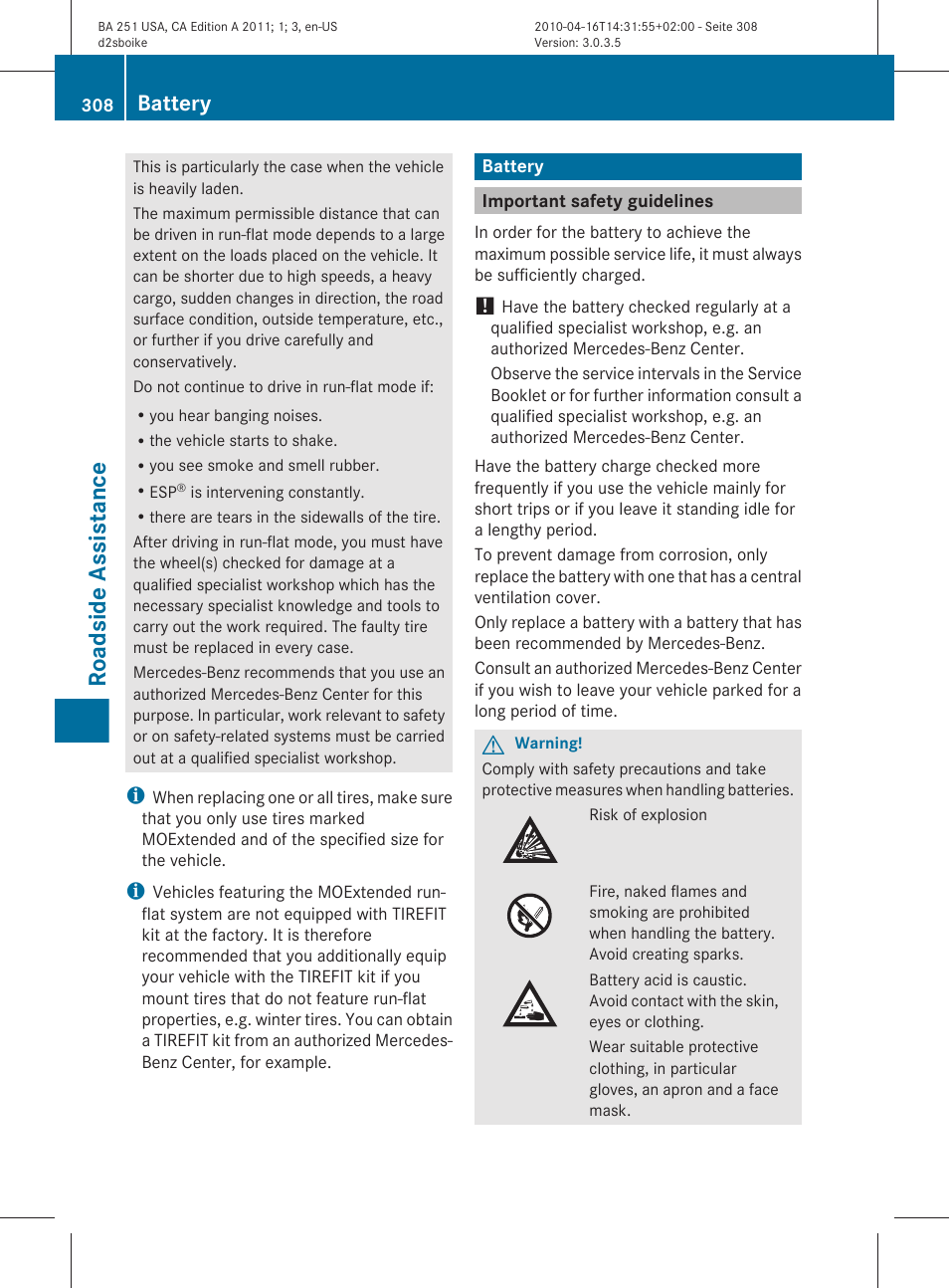 Battery, Important safety guidelines, Roadside assistance | Mercedes-Benz G-Class 2011 Owners Manual User Manual | Page 310 / 364