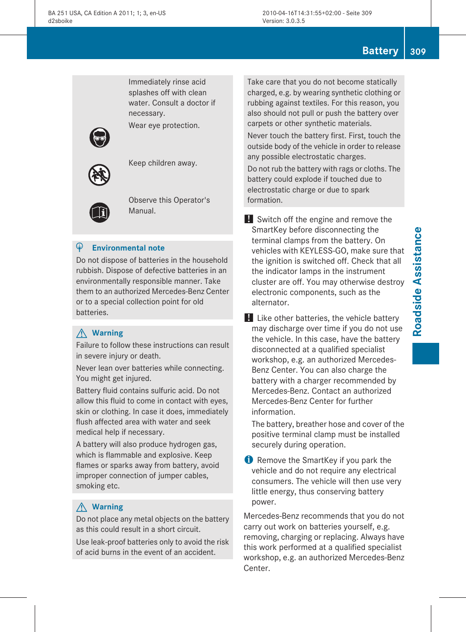 Roadside assistance, Battery | Mercedes-Benz G-Class 2011 Owners Manual User Manual | Page 311 / 364