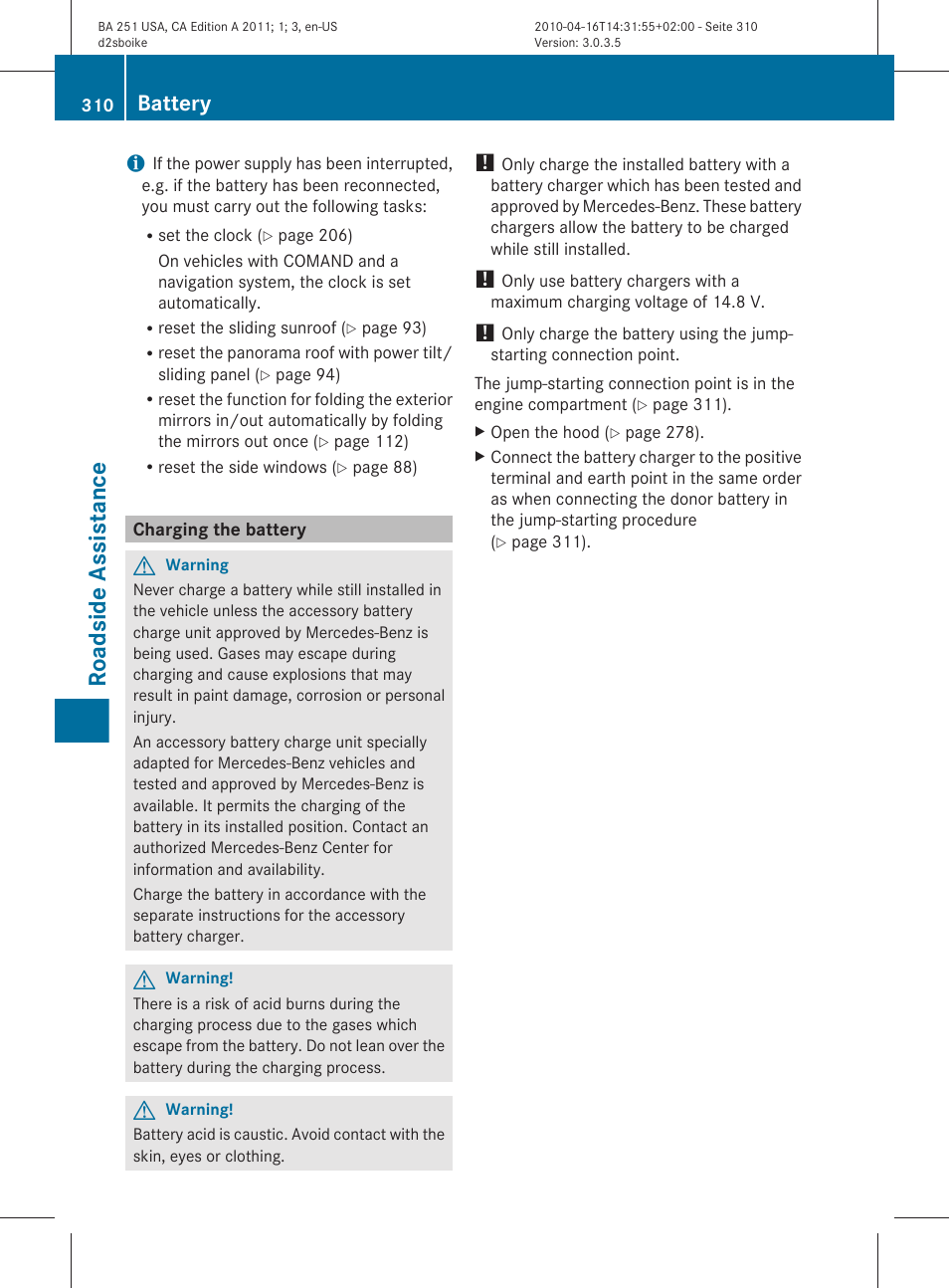 Charging the battery, Necessary, Roadside assistance | Battery | Mercedes-Benz G-Class 2011 Owners Manual User Manual | Page 312 / 364