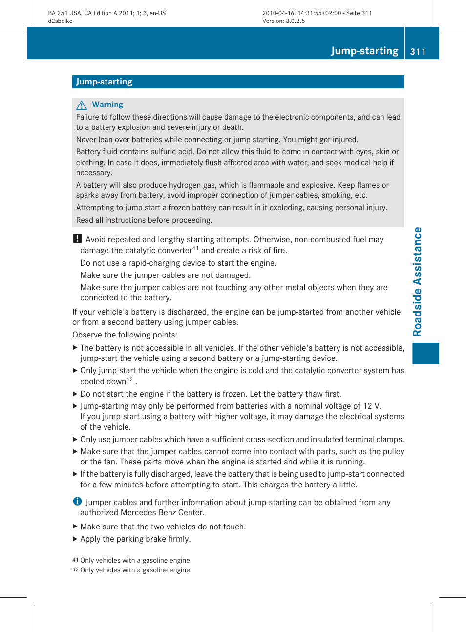 Jump-starting, Jump-start the vehicle, Engine compartment | Roadside assistance | Mercedes-Benz G-Class 2011 Owners Manual User Manual | Page 313 / 364