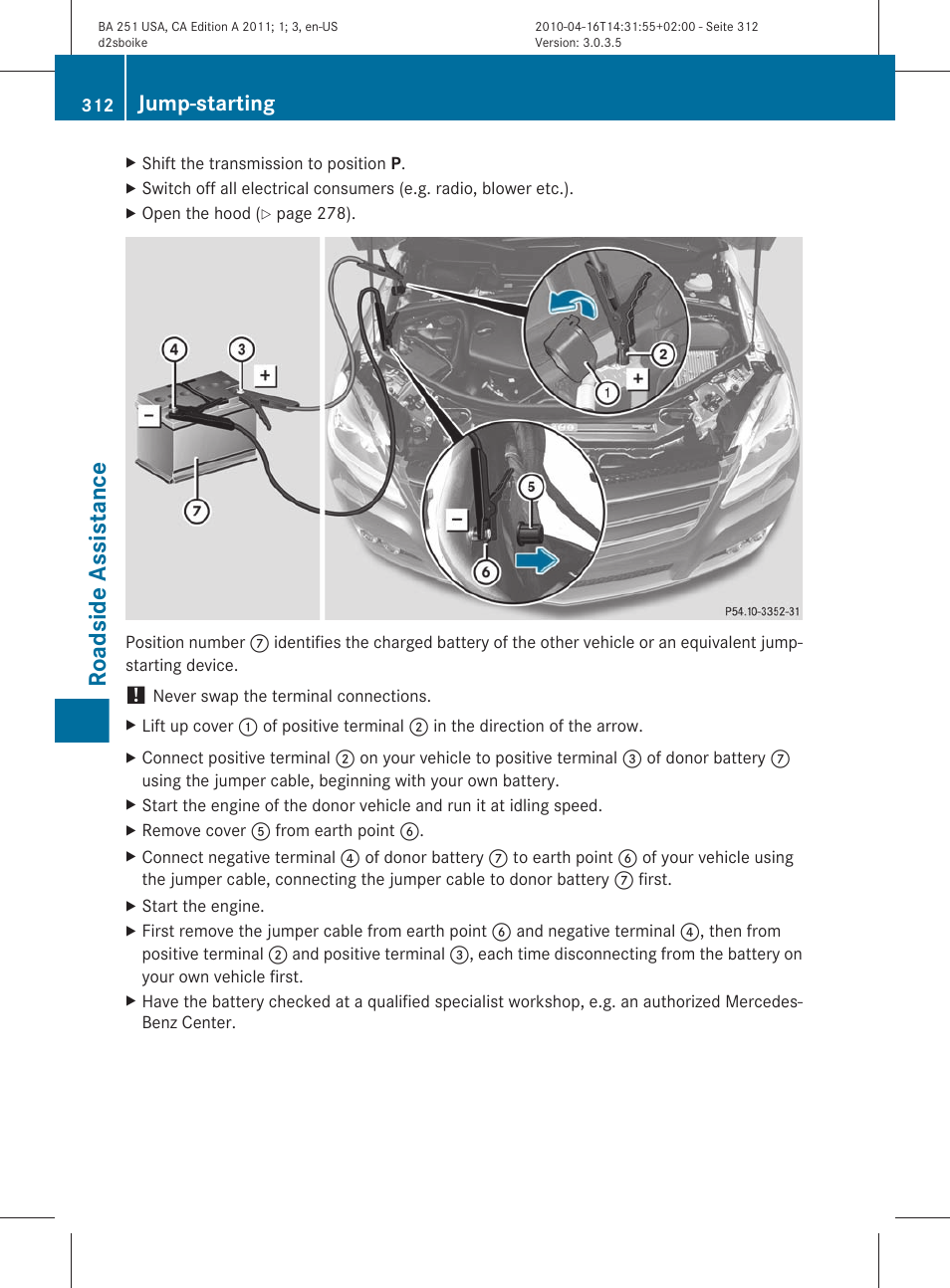 Roadside assistance, Jump-starting | Mercedes-Benz G-Class 2011 Owners Manual User Manual | Page 314 / 364