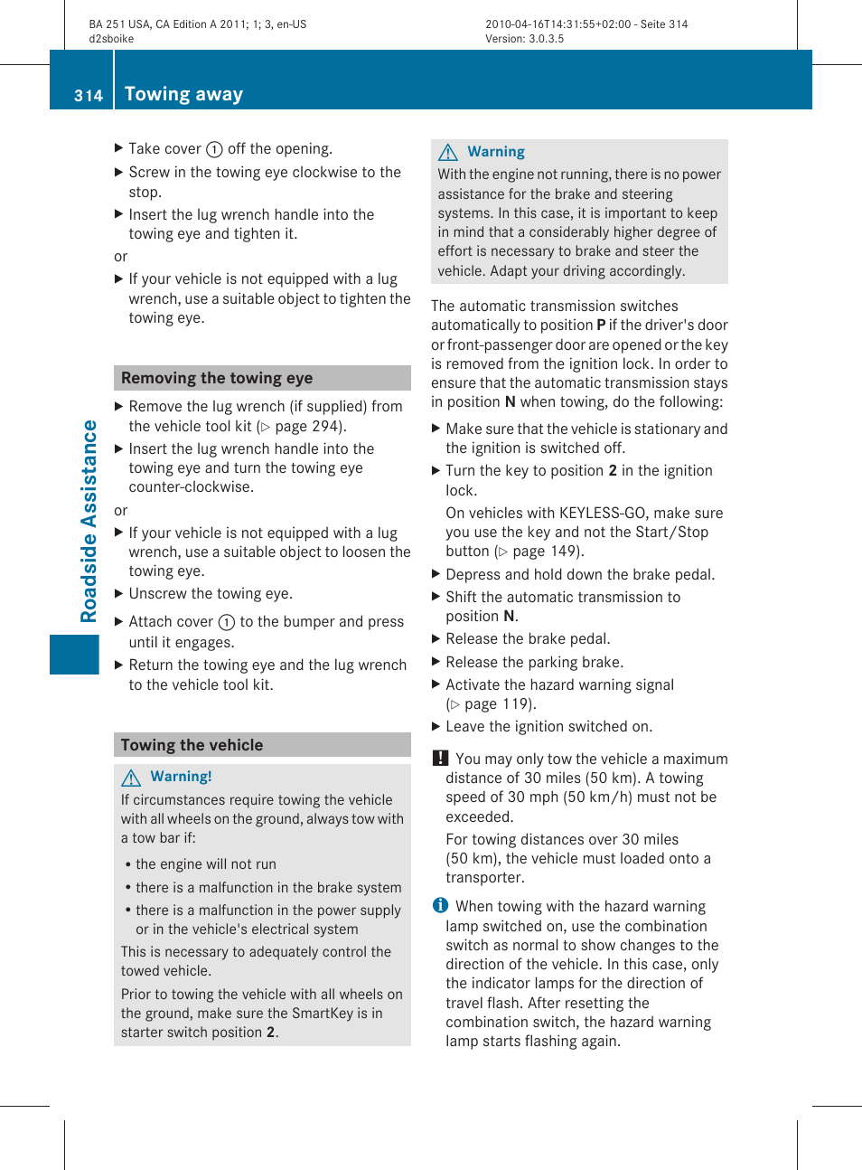 Removing the towing eye, Towing the vehicle, Roadside assistance | Towing away | Mercedes-Benz G-Class 2011 Owners Manual User Manual | Page 316 / 364