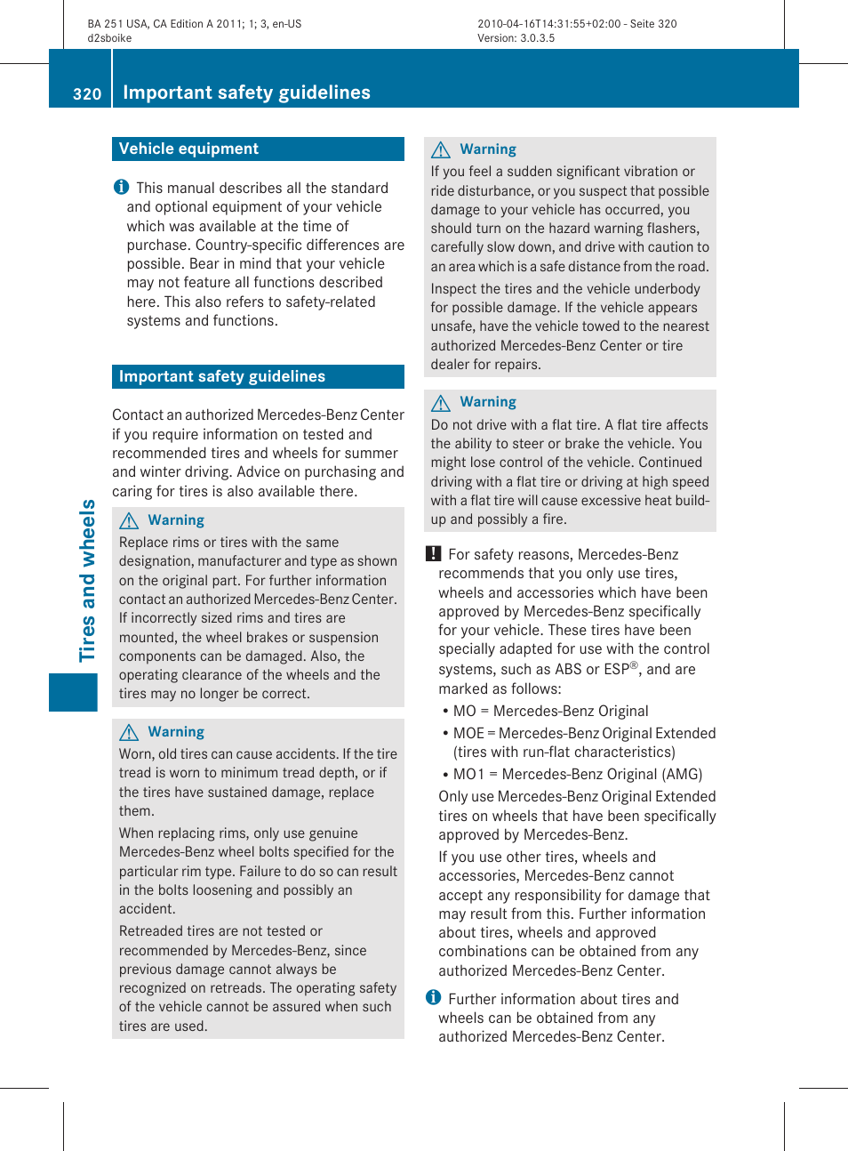 Tires and wheels, Vehicle equipment, Important safety guidelines | Mercedes-Benz G-Class 2011 Owners Manual User Manual | Page 322 / 364