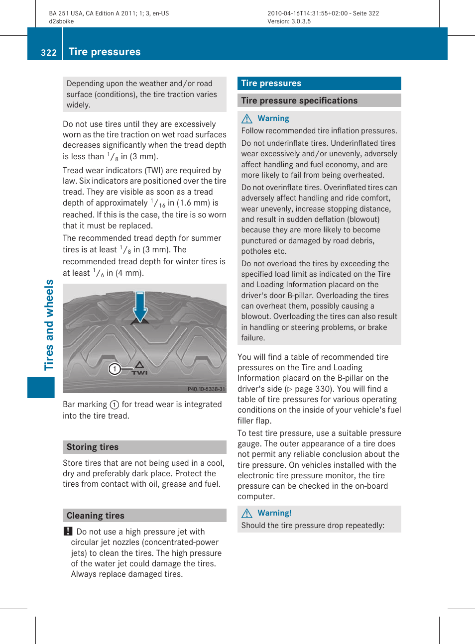 Storing tires, Cleaning tires, Tire pressures | Tire pressure specifications, Tires and wheels | Mercedes-Benz G-Class 2011 Owners Manual User Manual | Page 324 / 364