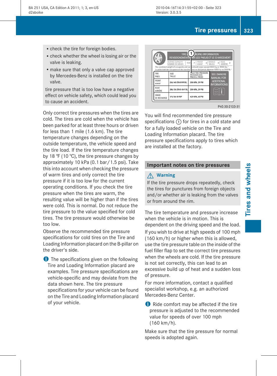 Important notes on tire pressures, Tires and wheels, Tire pressures | Mercedes-Benz G-Class 2011 Owners Manual User Manual | Page 325 / 364