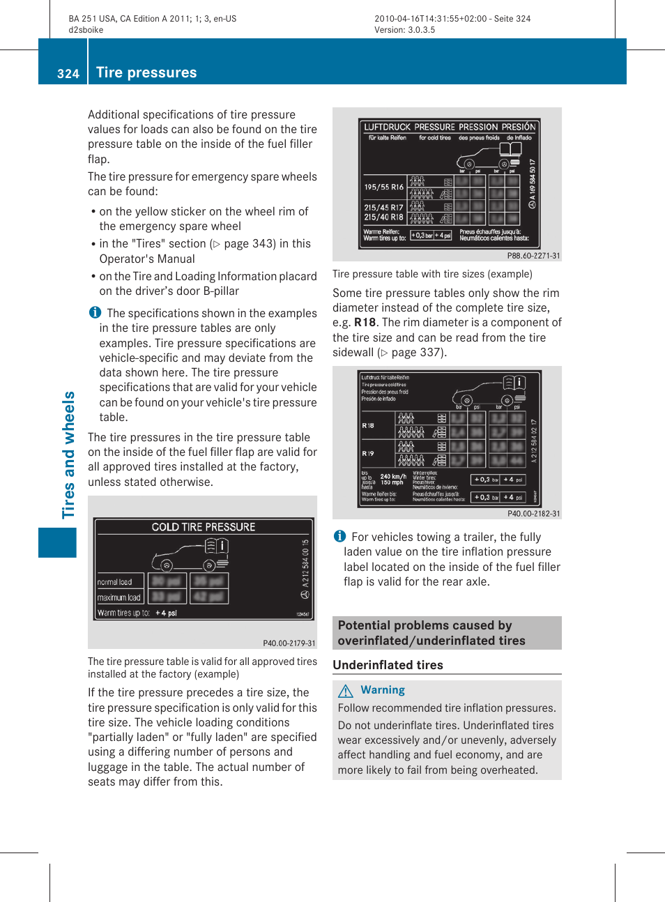 Tires and wheels, Tire pressures | Mercedes-Benz G-Class 2011 Owners Manual User Manual | Page 326 / 364