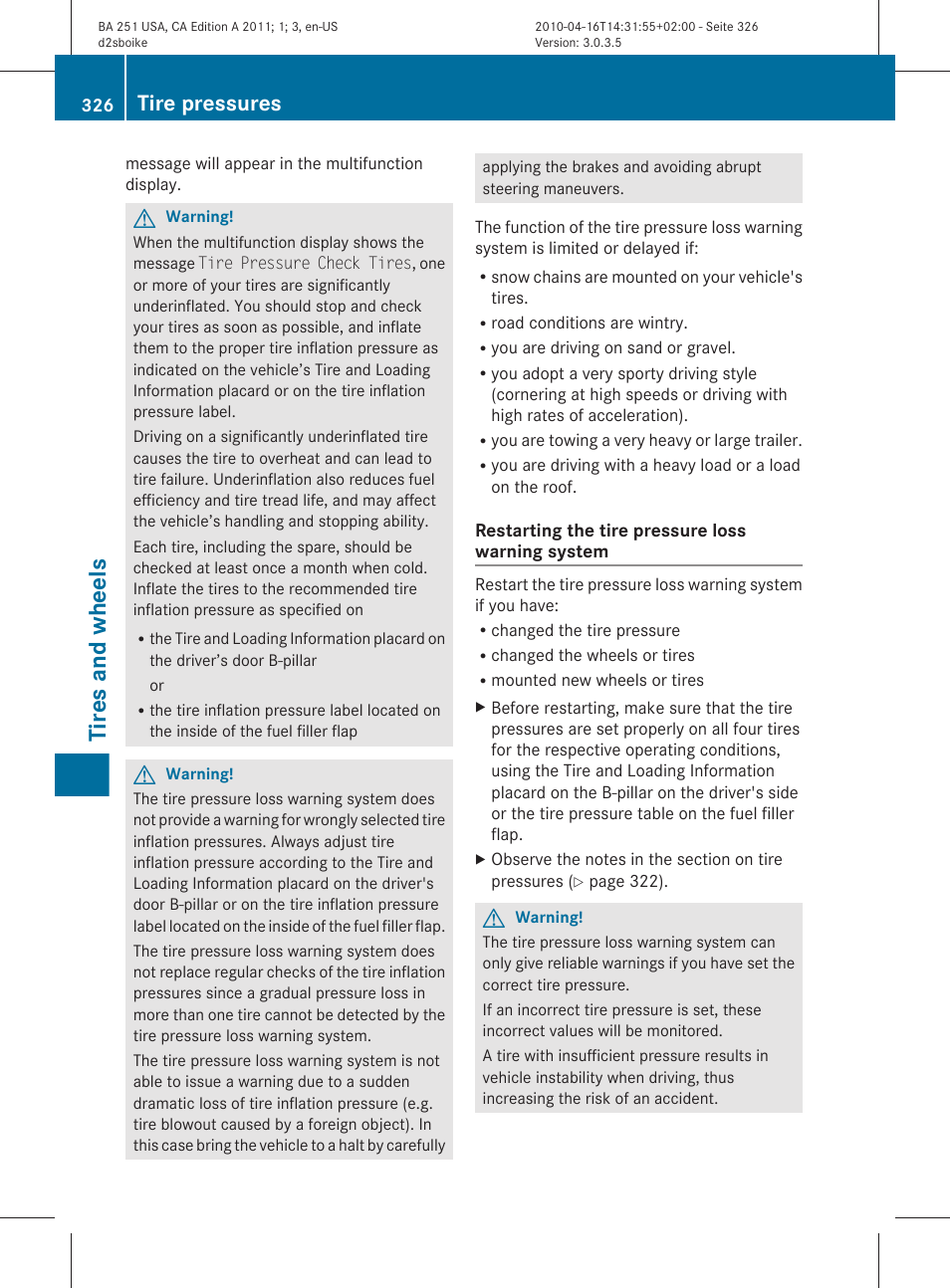 Tires and wheels, Tire pressures | Mercedes-Benz G-Class 2011 Owners Manual User Manual | Page 328 / 364