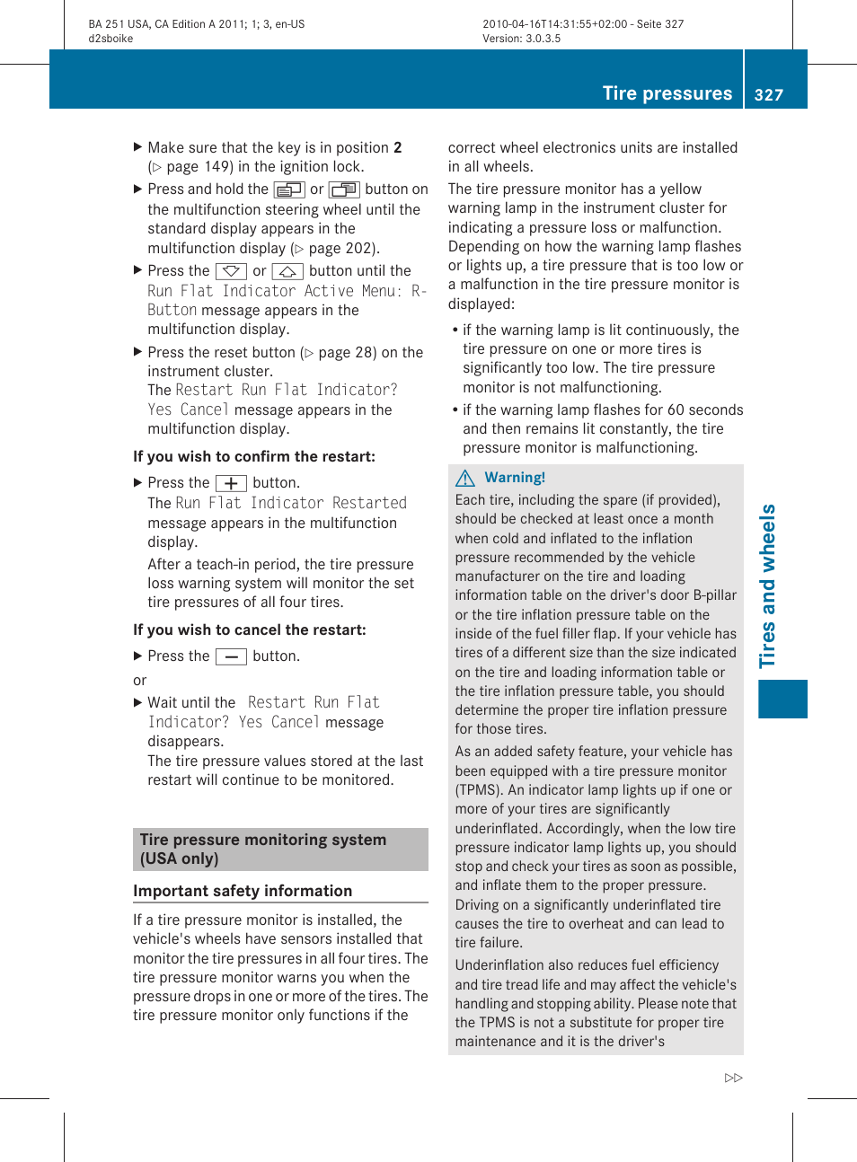 Tire pressure monitoring system (usa only), Tire pressure monitor (usa only), Tire pressure monitor | Correct the tire pressure, Tires and wheels, Tire pressures | Mercedes-Benz G-Class 2011 Owners Manual User Manual | Page 329 / 364