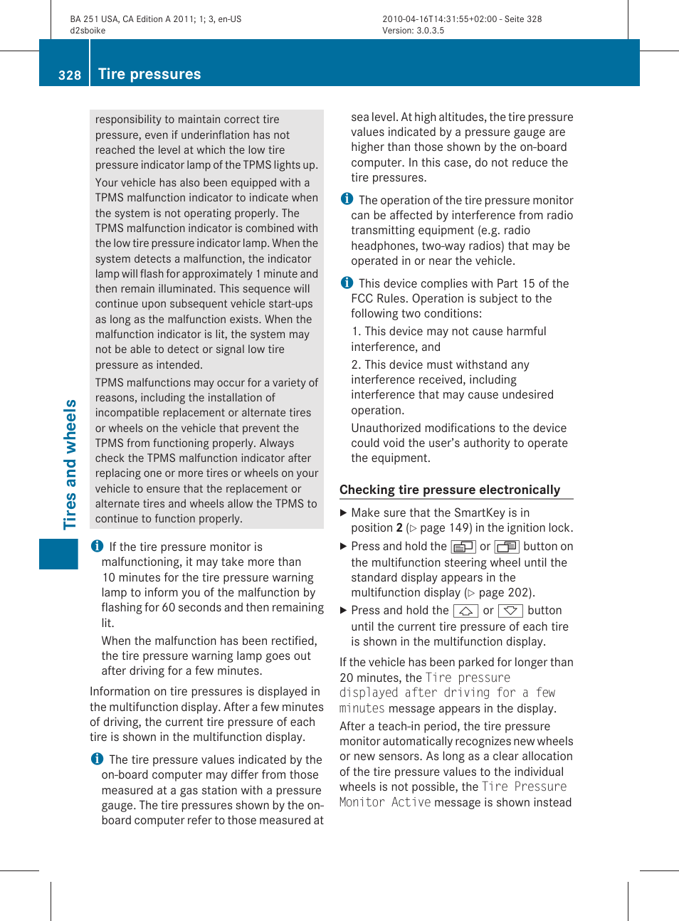 Tires and wheels, Tire pressures | Mercedes-Benz G-Class 2011 Owners Manual User Manual | Page 330 / 364