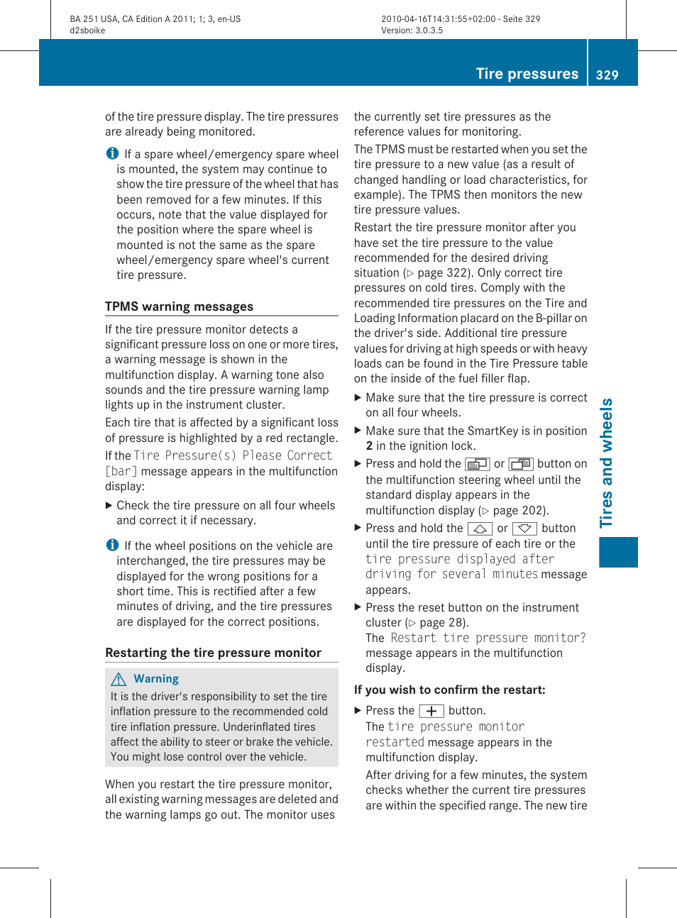 Restart the tire pressure monitor, Tires and wheels, Tire pressures | Mercedes-Benz G-Class 2011 Owners Manual User Manual | Page 331 / 364