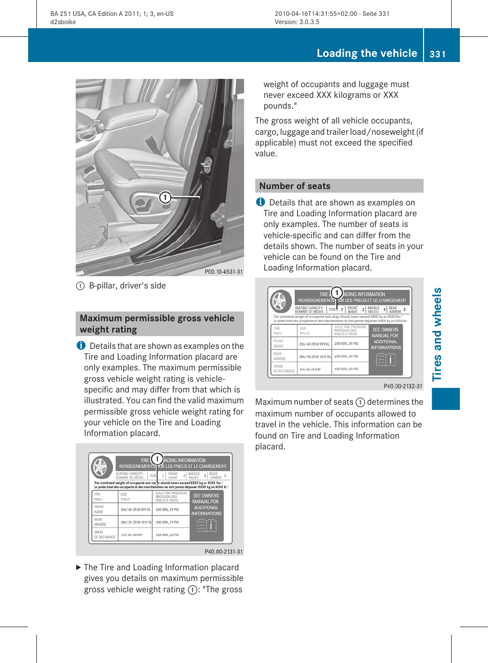 Maximum permissible gross vehicle weight rating, Number of seats, Tires and wheels | Loading the vehicle | Mercedes-Benz G-Class 2011 Owners Manual User Manual | Page 333 / 364