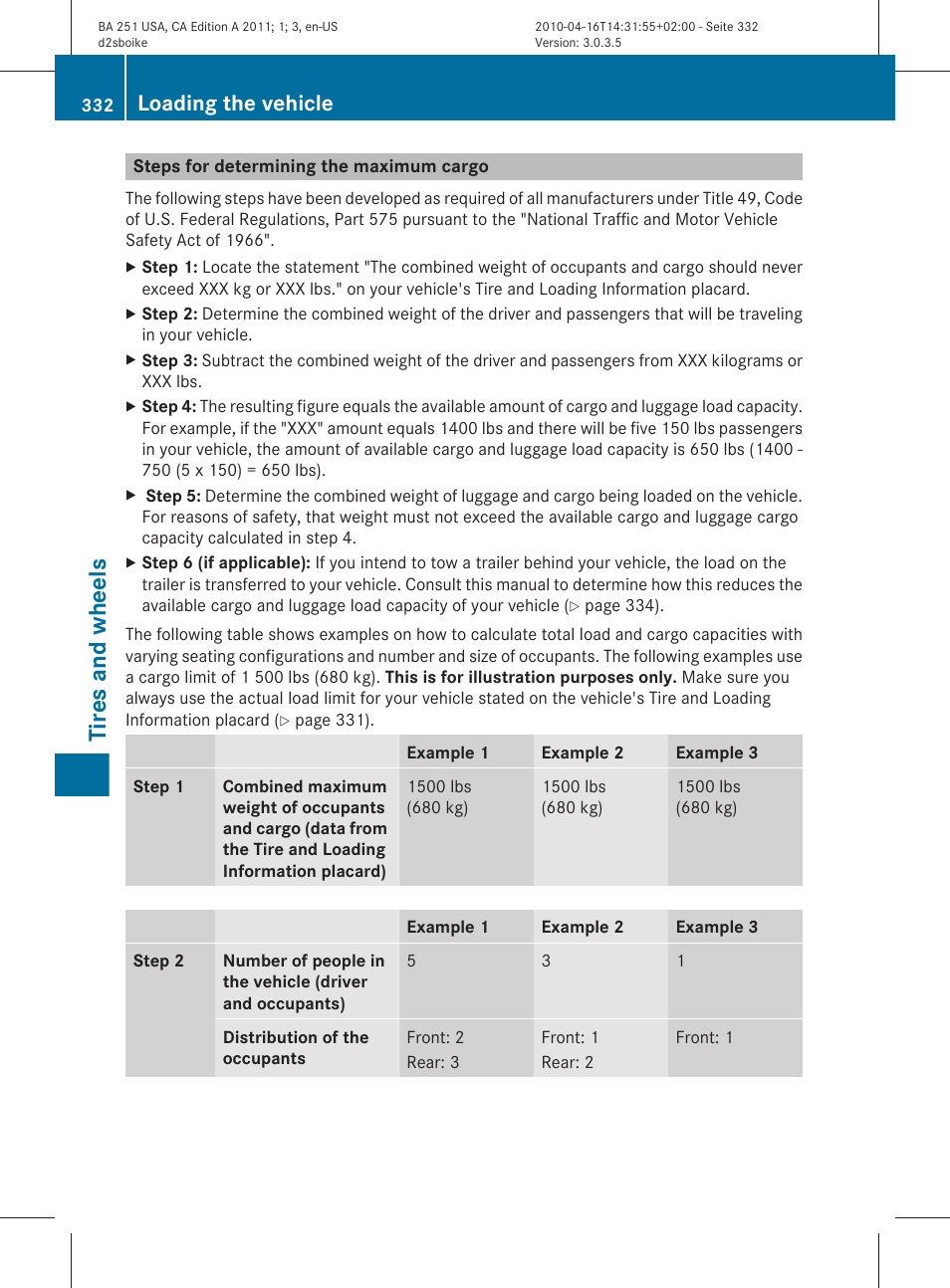 Steps for determining the maximum cargo, Tires and wheels, Loading the vehicle | Mercedes-Benz G-Class 2011 Owners Manual User Manual | Page 334 / 364