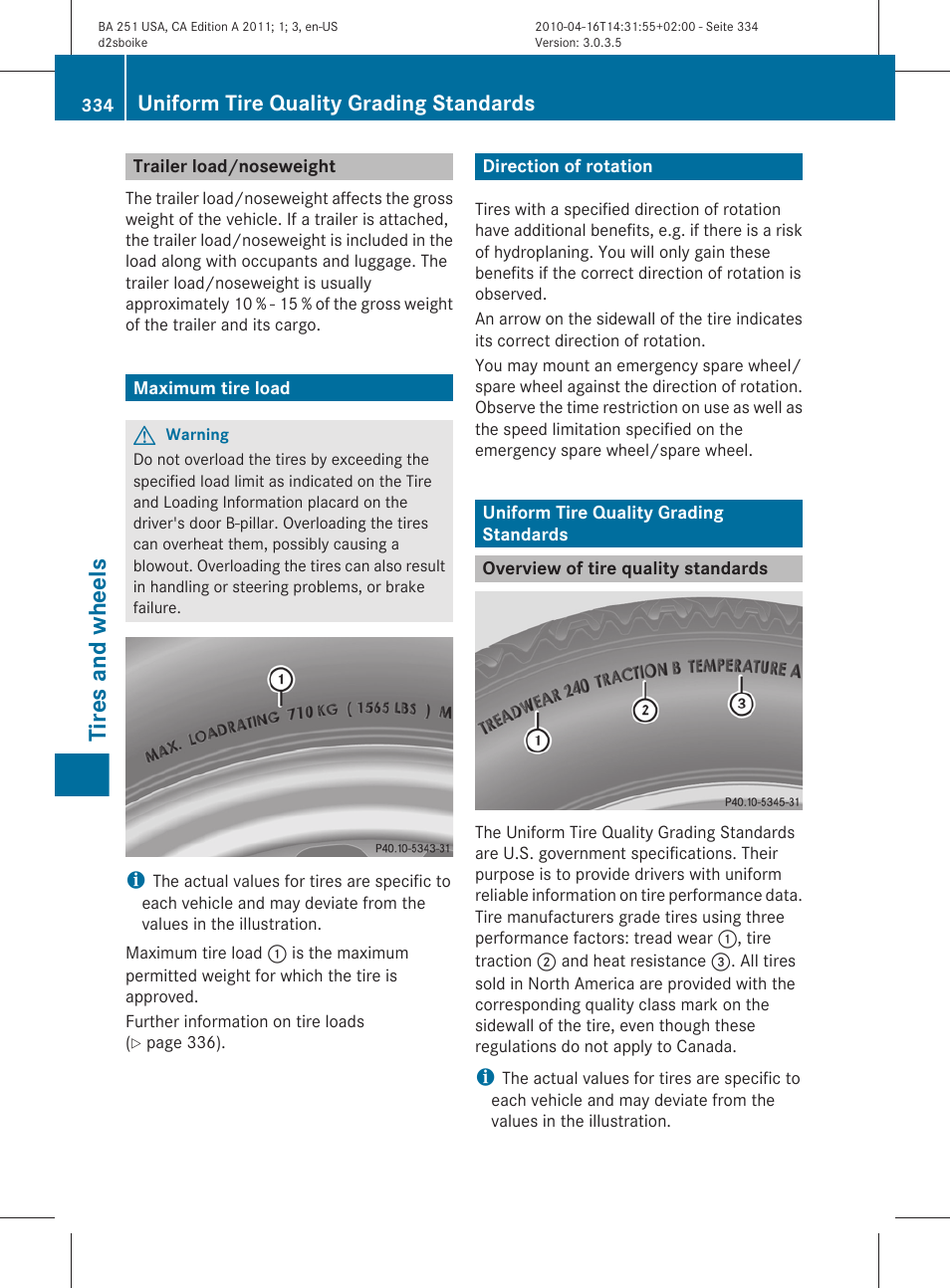 Trailer load/noseweight, Maximum tire load, Direction of rotation | Uniform tire quality grading standards, Overview of tire quality standards, Tires and wheels | Mercedes-Benz G-Class 2011 Owners Manual User Manual | Page 336 / 364