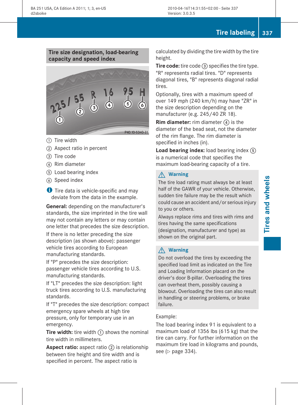 Sidewall, Capacity and speed index, Tires and wheels | Tire labeling | Mercedes-Benz G-Class 2011 Owners Manual User Manual | Page 339 / 364