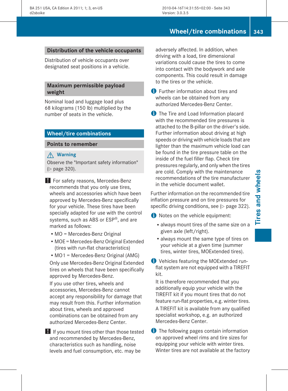 Distribution of the vehicle occupants, Maximum permissible payload weight, Wheel/tire combinations | Points to remember, In the "tires" section, Tires and wheels | Mercedes-Benz G-Class 2011 Owners Manual User Manual | Page 345 / 364