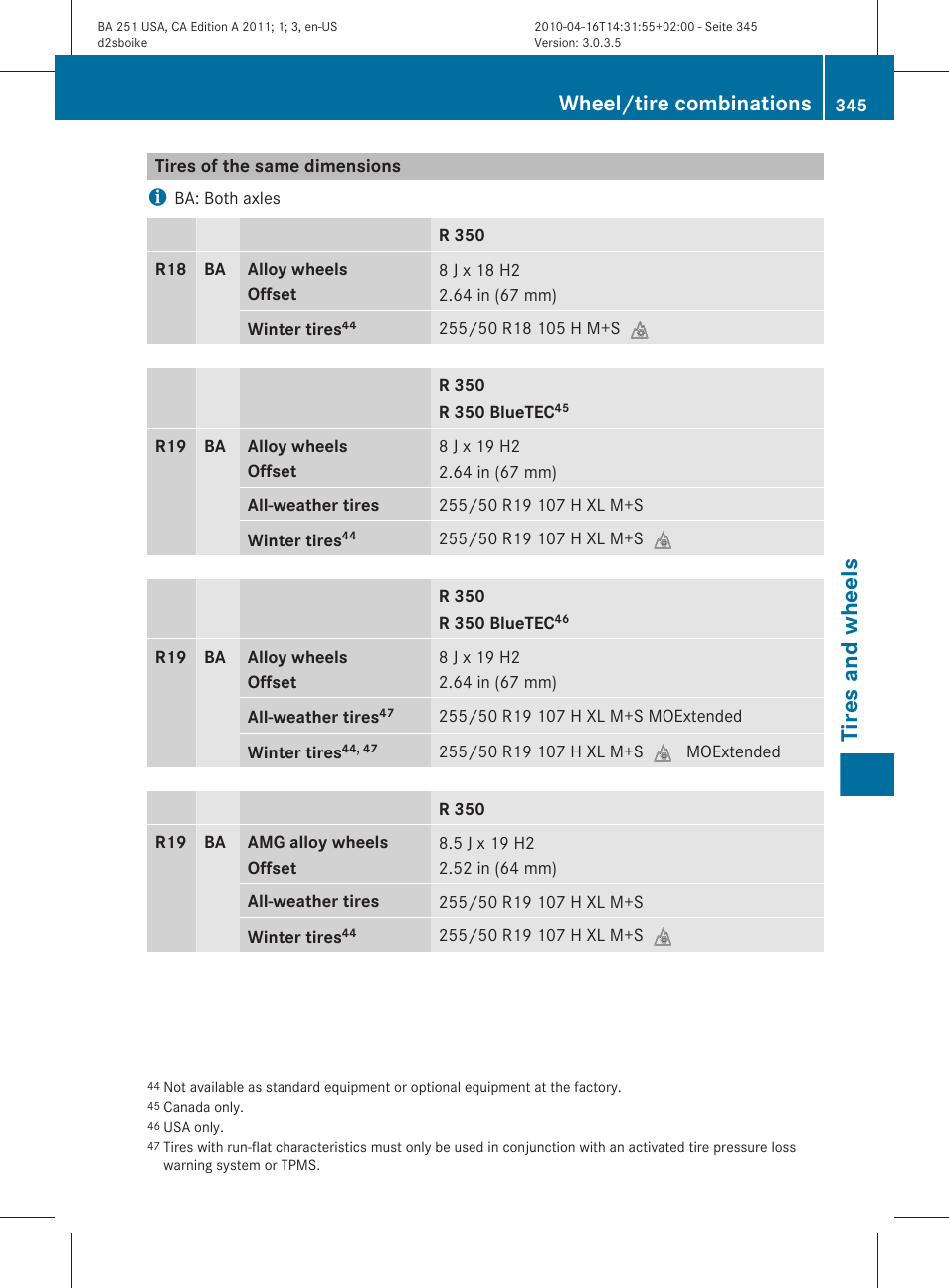 Tires of the same dimensions, Tires and wheels, Wheel/tire combinations | Mercedes-Benz G-Class 2011 Owners Manual User Manual | Page 347 / 364