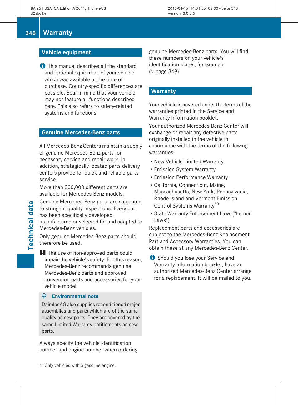 Technical data, Vehicle equipment, Genuine mercedes-benz parts | Warranty | Mercedes-Benz G-Class 2011 Owners Manual User Manual | Page 350 / 364