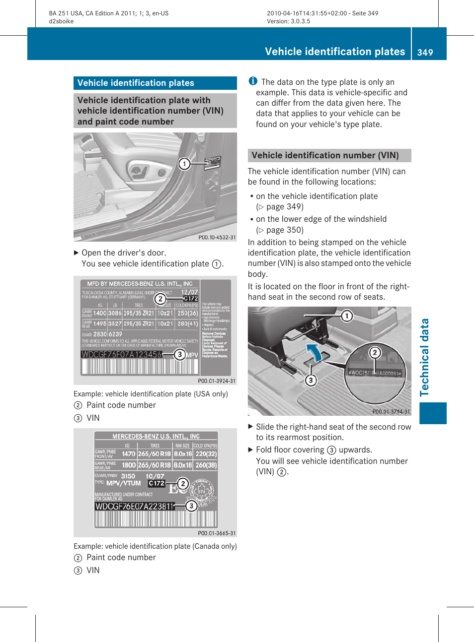 Vehicle identification plates, Vehicle identification number (vin), Technical data | Mercedes-Benz G-Class 2011 Owners Manual User Manual | Page 351 / 364