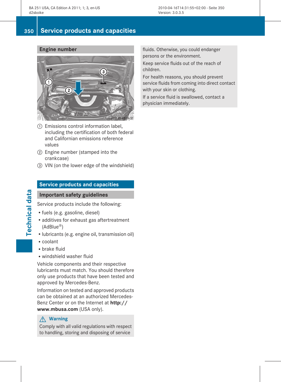 Engine number, Service products and capacities, Important safety guidelines | Technical data | Mercedes-Benz G-Class 2011 Owners Manual User Manual | Page 352 / 364