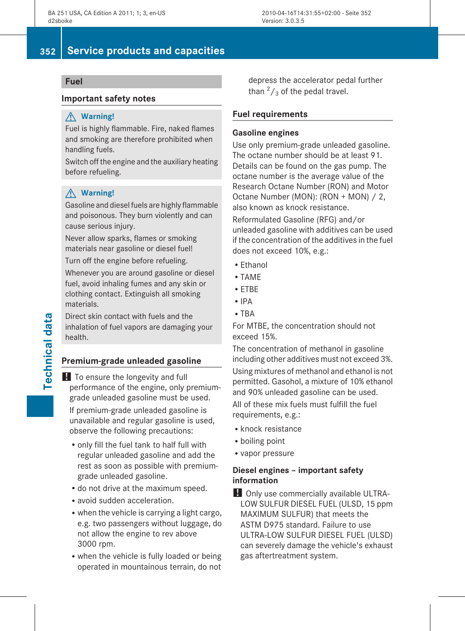 Fuel, Technical data, Service products and capacities | Mercedes-Benz G-Class 2011 Owners Manual User Manual | Page 354 / 364