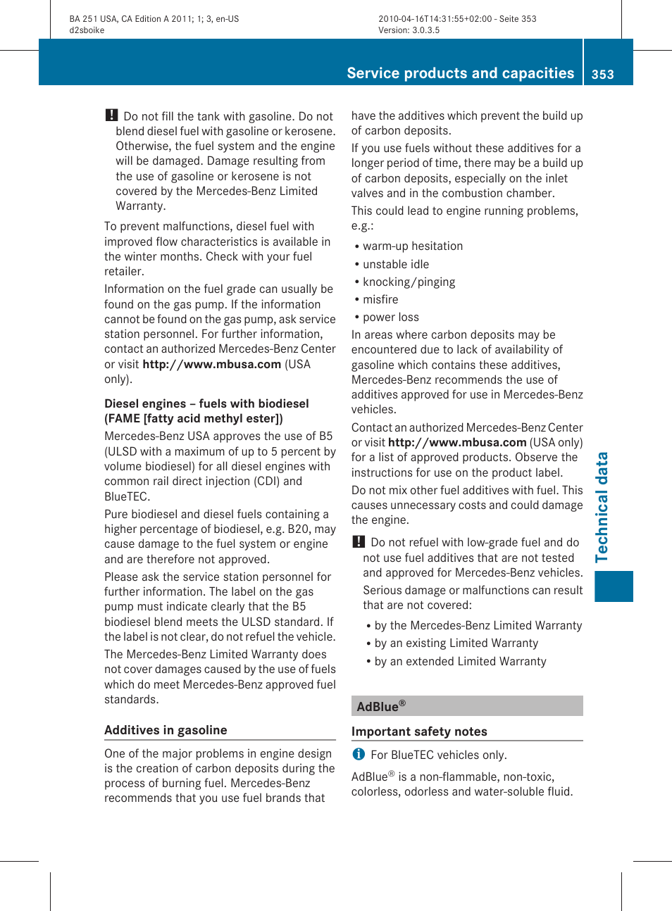 Adblue, Technical data, Service products and capacities | Mercedes-Benz G-Class 2011 Owners Manual User Manual | Page 355 / 364