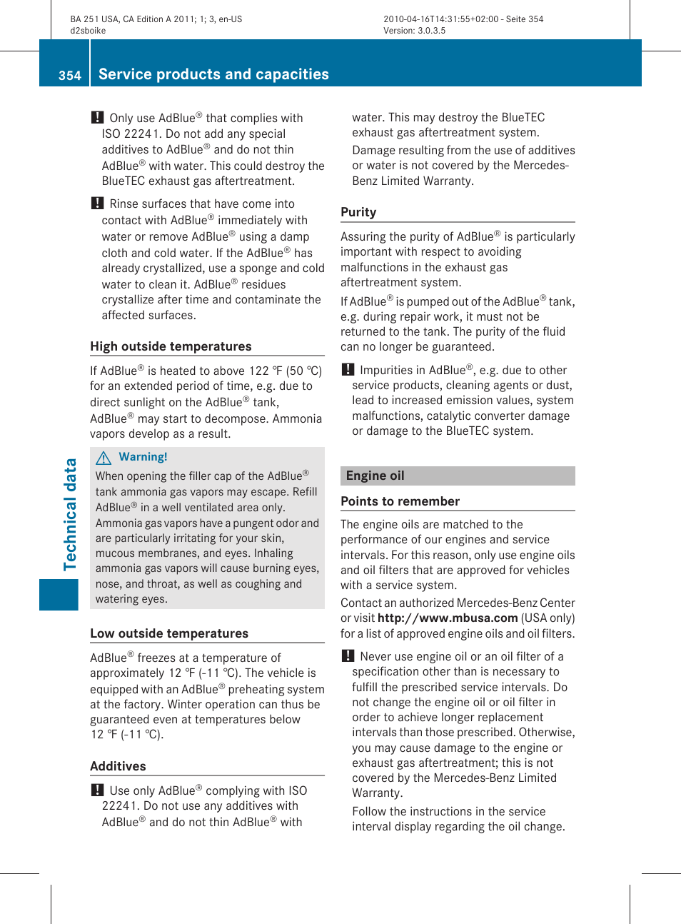 Engine oil, Technical data, Service products and capacities | Mercedes-Benz G-Class 2011 Owners Manual User Manual | Page 356 / 364