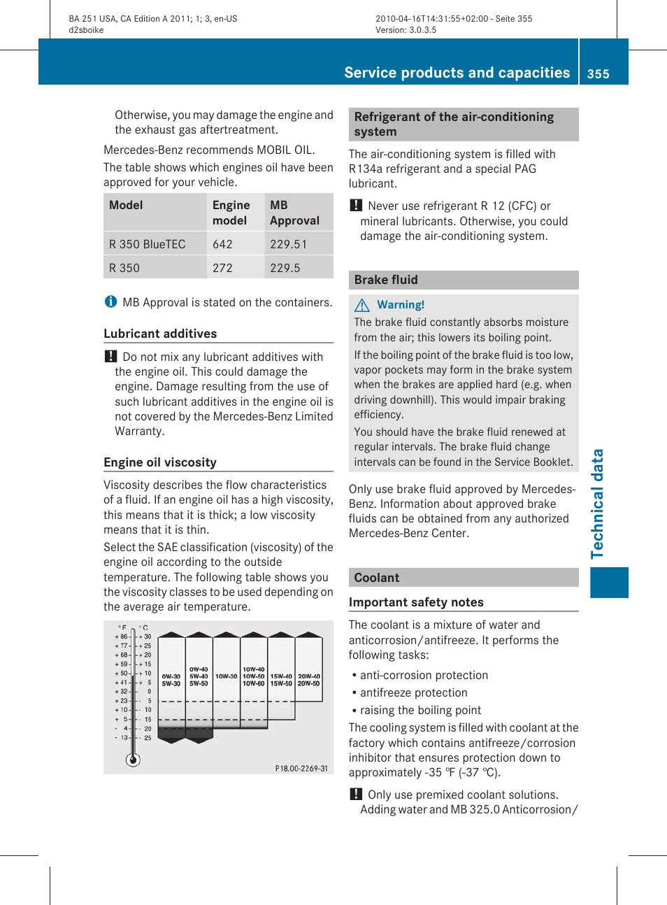 Refrigerant of the air-conditioning system, Brake fluid, Coolant | Technical data, Service products and capacities | Mercedes-Benz G-Class 2011 Owners Manual User Manual | Page 357 / 364