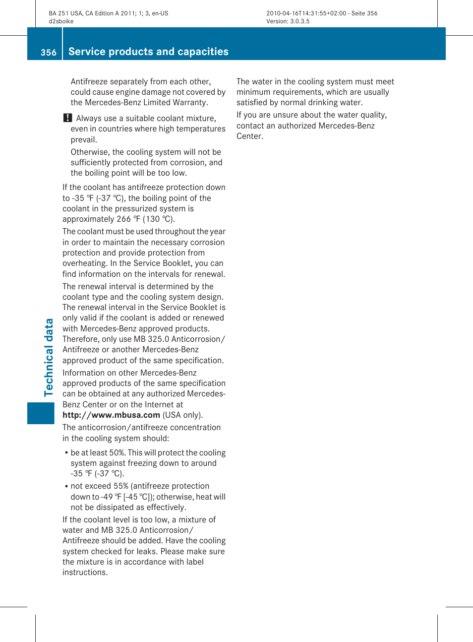 Technical data, Service products and capacities | Mercedes-Benz G-Class 2011 Owners Manual User Manual | Page 358 / 364