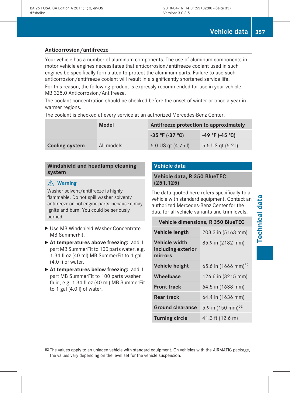 Windshield and headlamp cleaning system, Vehicle data, Vehicle data, r 350 bluetec (251.125) | Technical data | Mercedes-Benz G-Class 2011 Owners Manual User Manual | Page 359 / 364