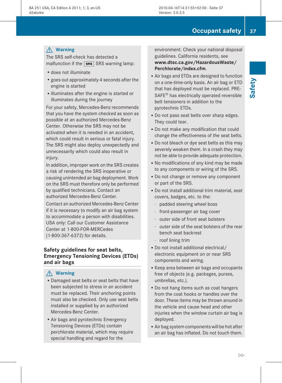 Safety, Occupant safety | Mercedes-Benz G-Class 2011 Owners Manual User Manual | Page 39 / 364